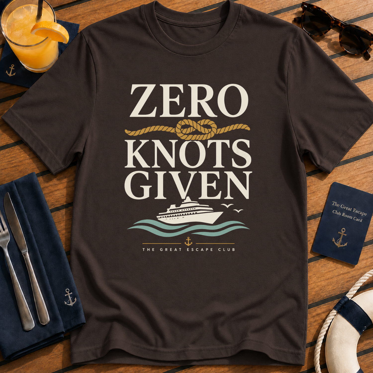 Zero Knots Given funny nautical cruise t-shirt design on Dark Chocolate shirt