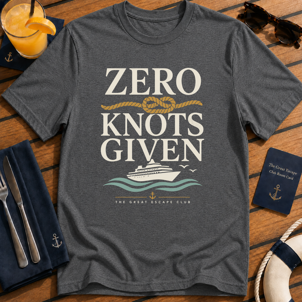 Zero Knots Given funny nautical cruise t-shirt design on Dark Heather shirt