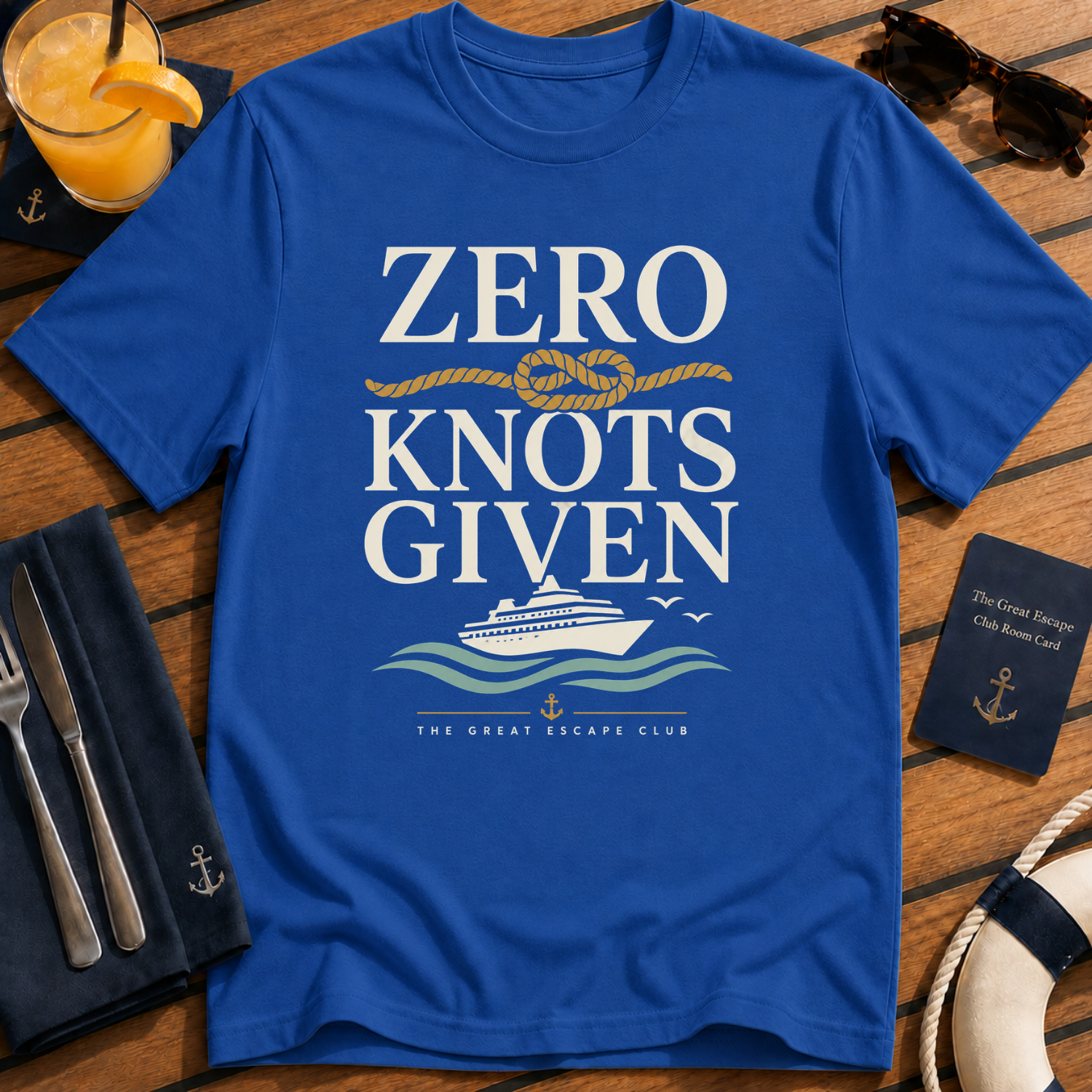 Zero Knots Given funny nautical cruise t-shirt design on Royal Blue shirt